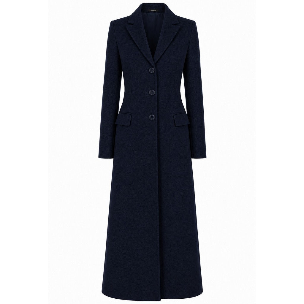Loro Piana blue coat single-breasted virgin wool peak lapels and flap pockets.