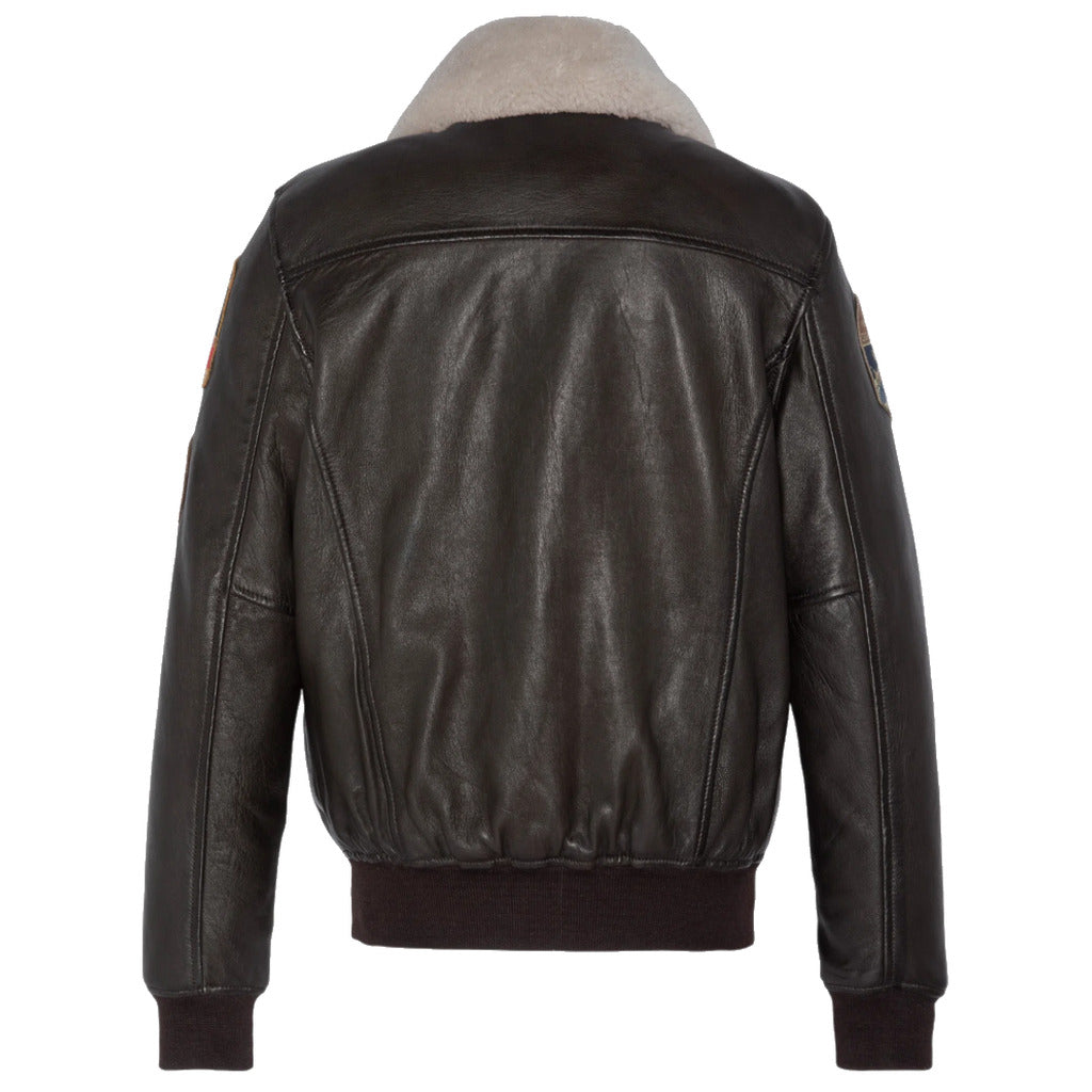 Schott NYC brown lambskin bomber jacket with removable sheep fur collar and embroidered patches.