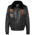 Schott NYC black lambskin bomber jacket with removable fur collar and embroidered patches.