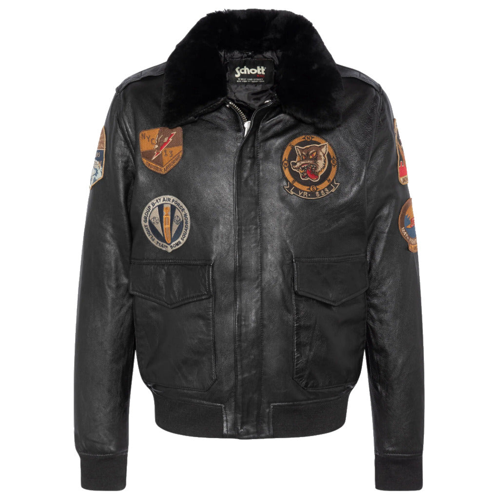 Schott NYC black lambskin bomber jacket with removable fur collar and embroidered patches.