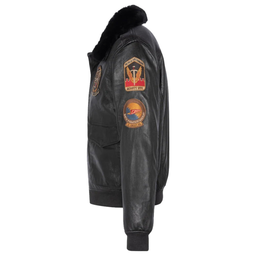 Schott NYC black lambskin bomber jacket with removable fur collar and embroidered patches.