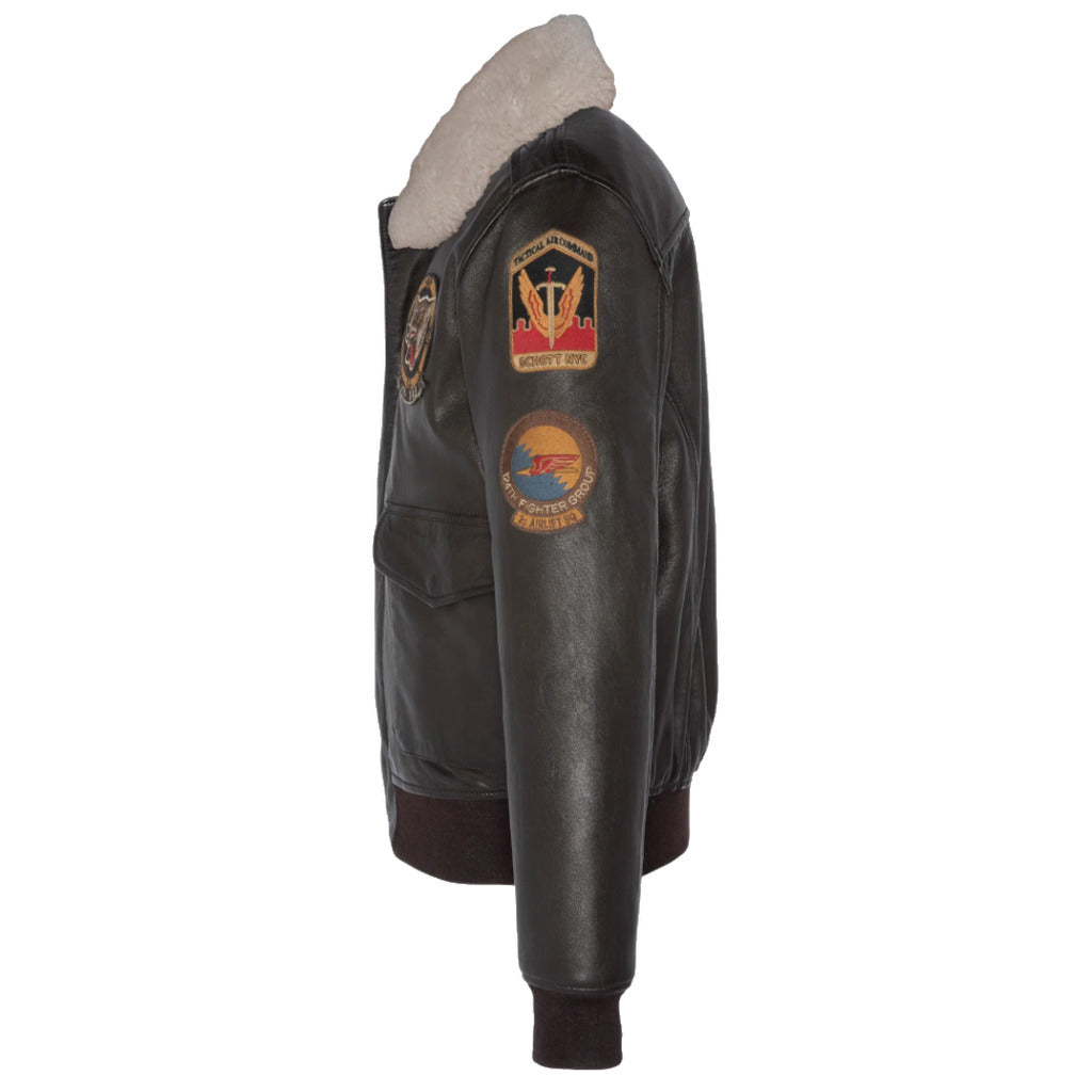 Schott NYC brown lambskin bomber jacket with removable sheep fur collar and embroidered patches.