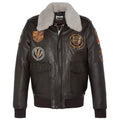 Schott NYC brown lambskin bomber jacket with removable sheep fur collar and embroidered patches.