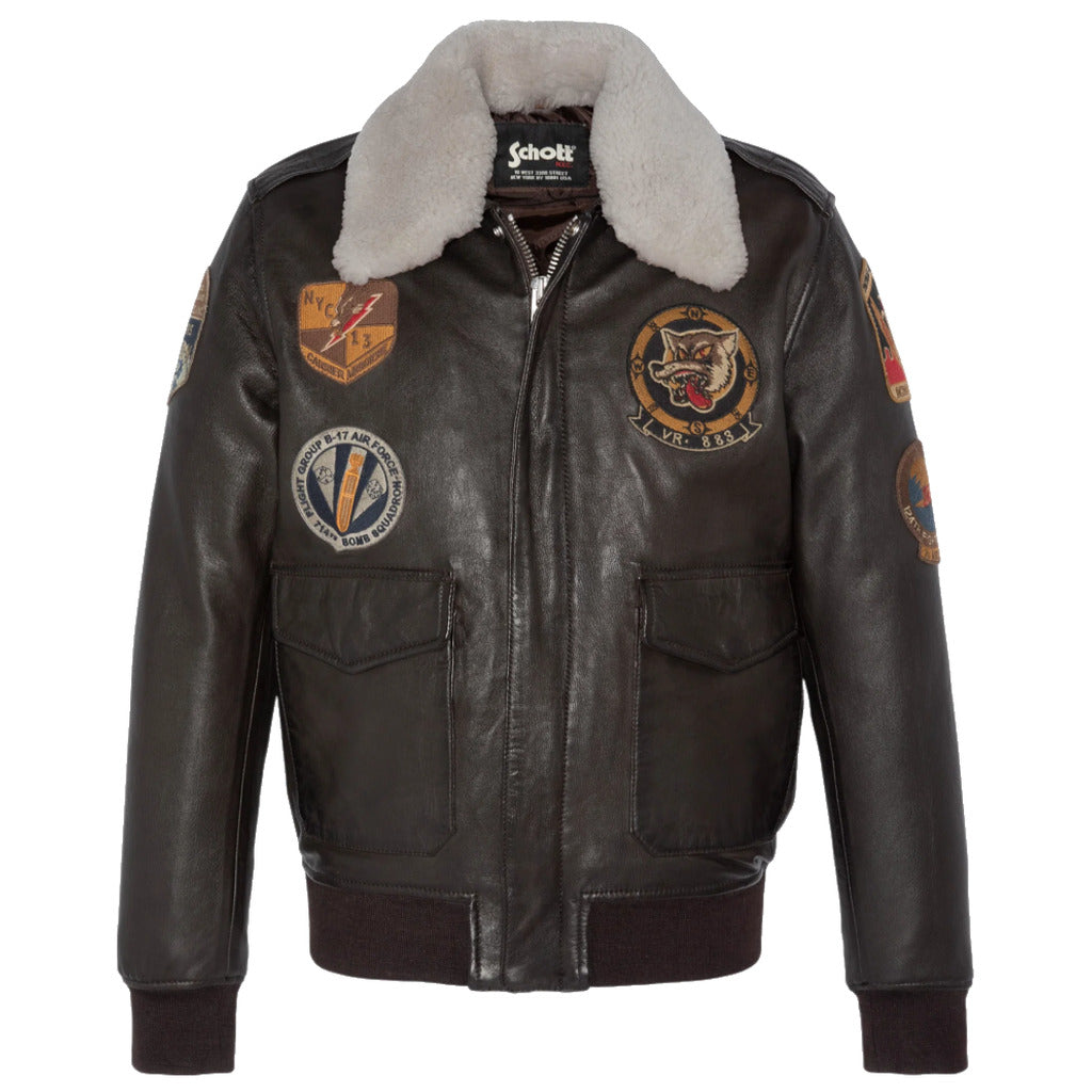 Schott NYC brown lambskin bomber jacket with removable sheep fur collar and embroidered patches.
